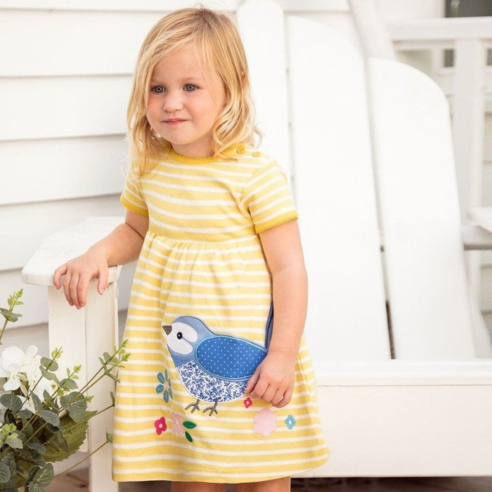 Toddler/Kid Girl Birdie + Florals Yellow Stripes Dress