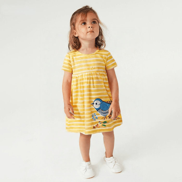 Toddler/Kid Girl Birdie + Florals Yellow Stripes Dress