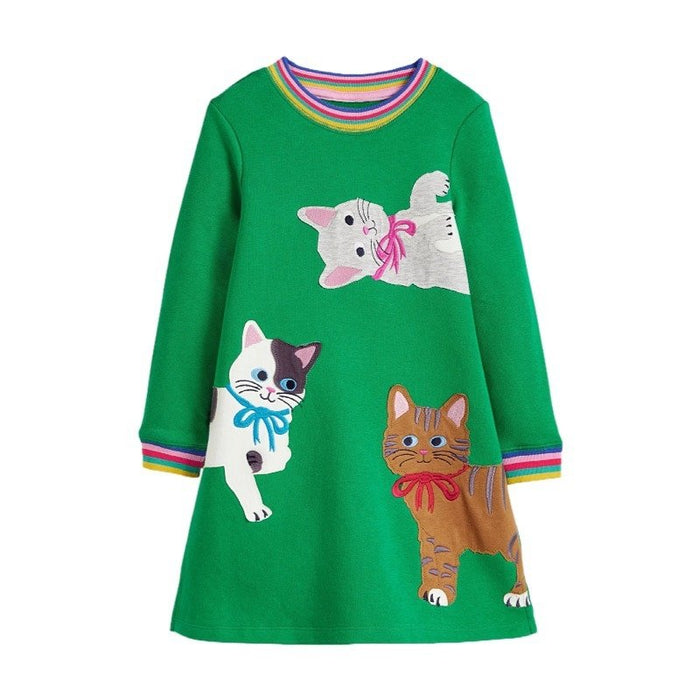 Toddler/Kid Girl Cats Design Green Long Sleeve Dress