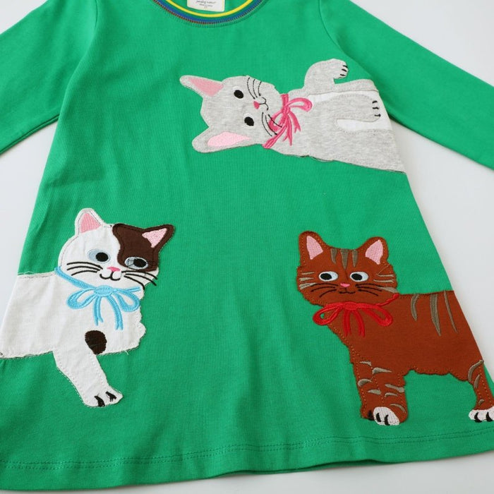 Toddler/Kid Girl Cats Design Green Long Sleeve Dress