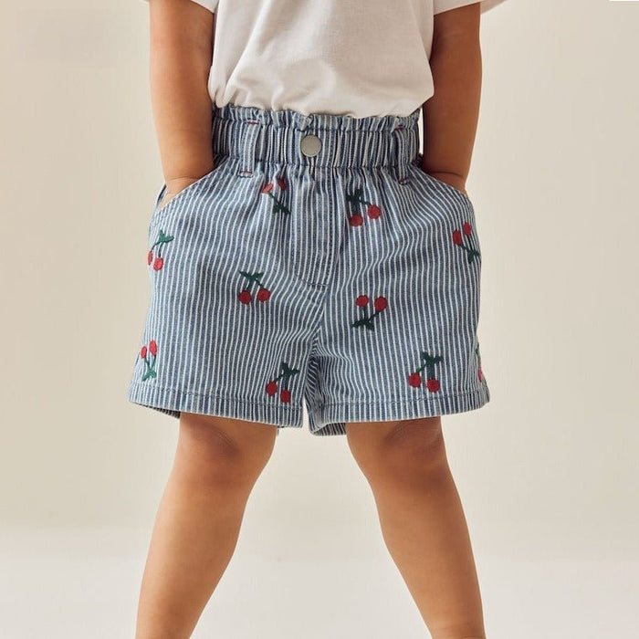 Toddler/Kid Girl Denim Shorts with Cherry Embroidery and Vertical Stripes
