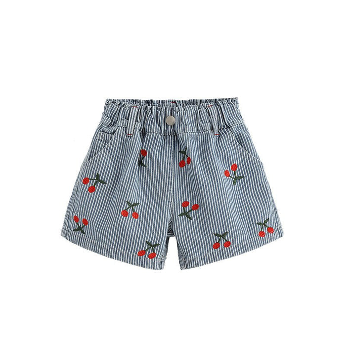 Toddler/Kid Girl Denim Shorts with Cherry Embroidery and Vertical Stripes