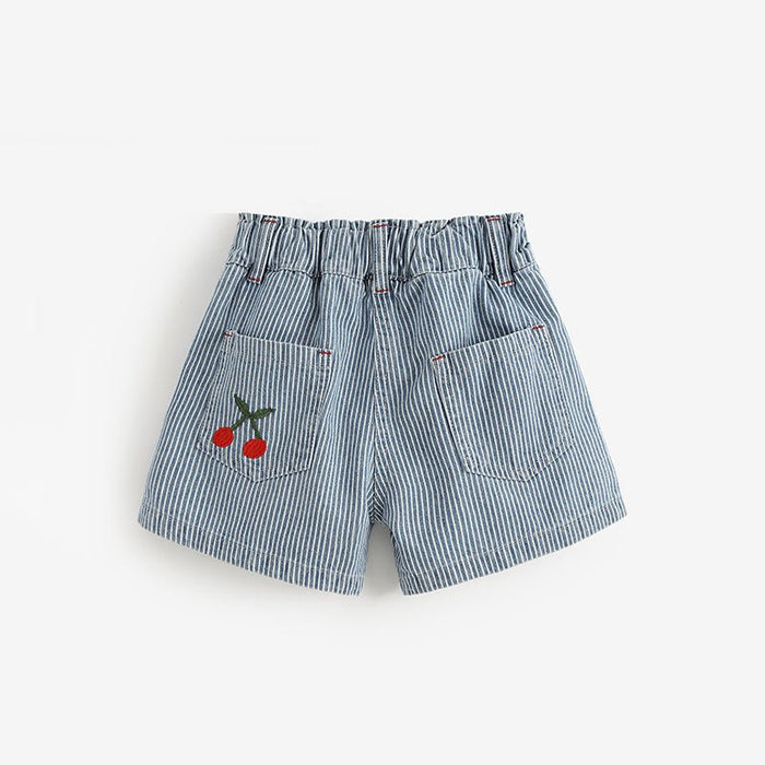 Toddler/Kid Girl Denim Shorts with Cherry Embroidery and Vertical Stripes