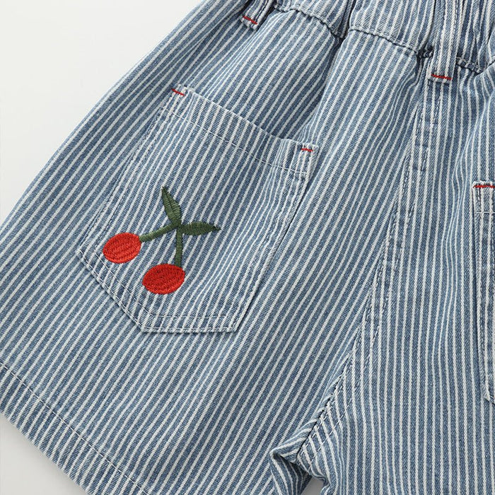 Toddler/Kid Girl Denim Shorts with Cherry Embroidery and Vertical Stripes