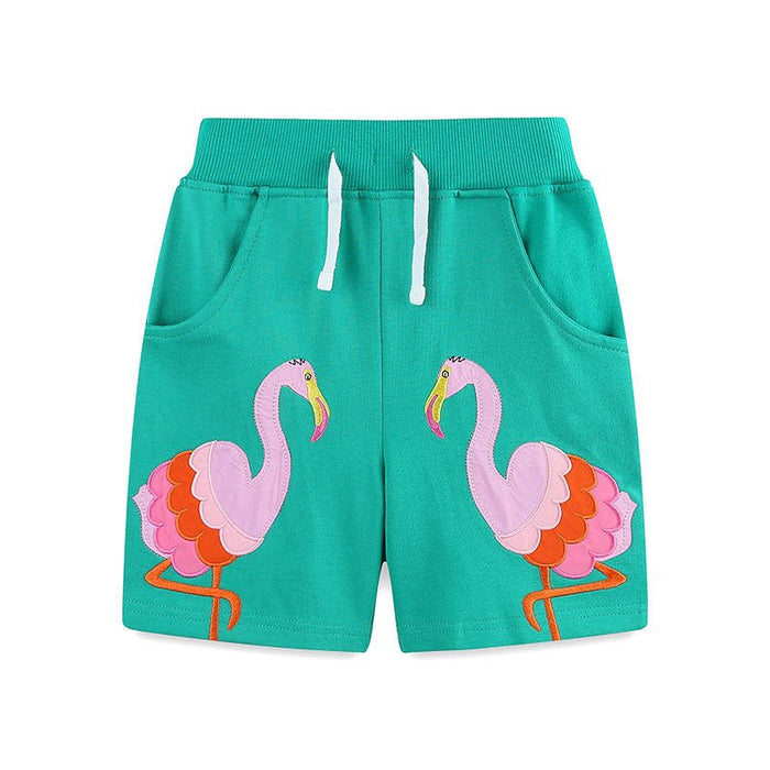 Toddler/Kid Girl Pink Flamingos Embroidery Green Shorts