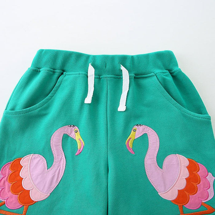 Toddler/Kid Girl Pink Flamingos Embroidery Green Shorts