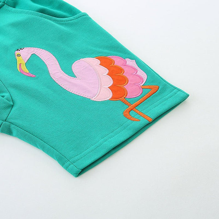 Toddler/Kid Girl Pink Flamingos Embroidery Green Shorts