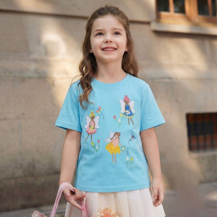 Toddler/Kid Girls Blue Fairy and Butterfly Embroidered T-Shirt