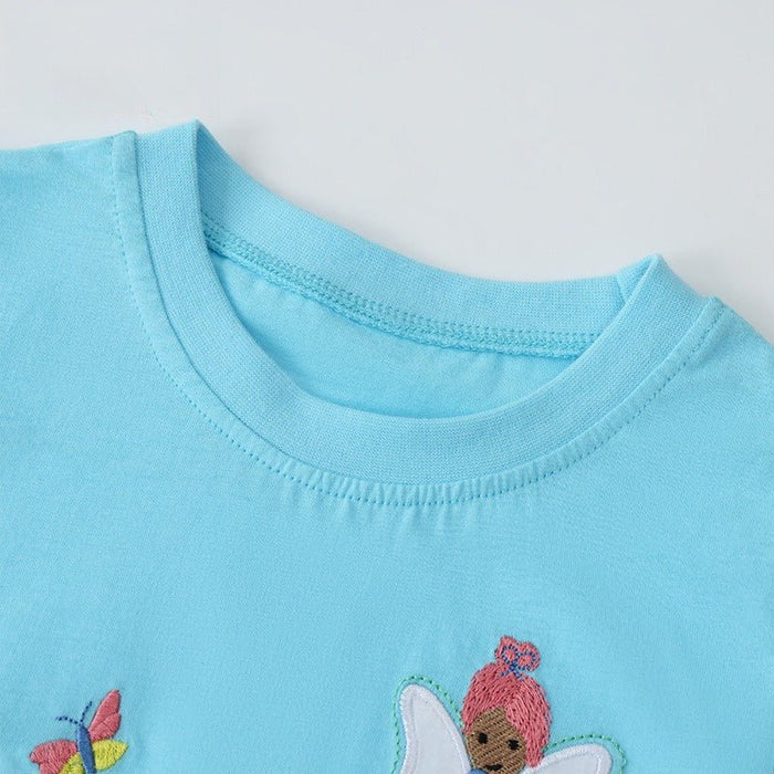 Toddler/Kid Girls Blue Fairy and Butterfly Embroidered T-Shirt