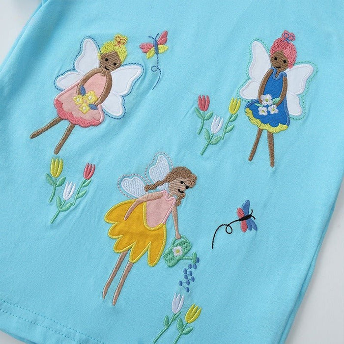 Toddler/Kid Girls Blue Fairy and Butterfly Embroidered T-Shirt
