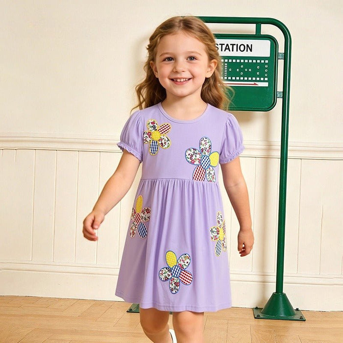 Toddler/Kid Girl's Flower Design Purple Cotton Dress