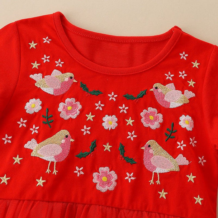 Toddler/Kid Girl's Long Sleeve Bird  Embroidery Design Cotton Dress