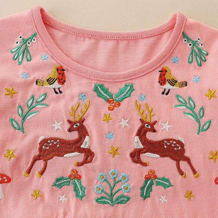 Toddler/Kid Girl's Pink Deer Embroidered Long-sleeve Dress