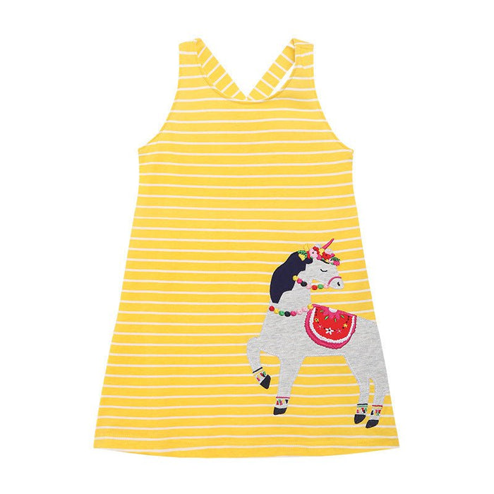 Toddler/Kid Girl's Yellow Striped Sleeveless Dress with Unicorn Design