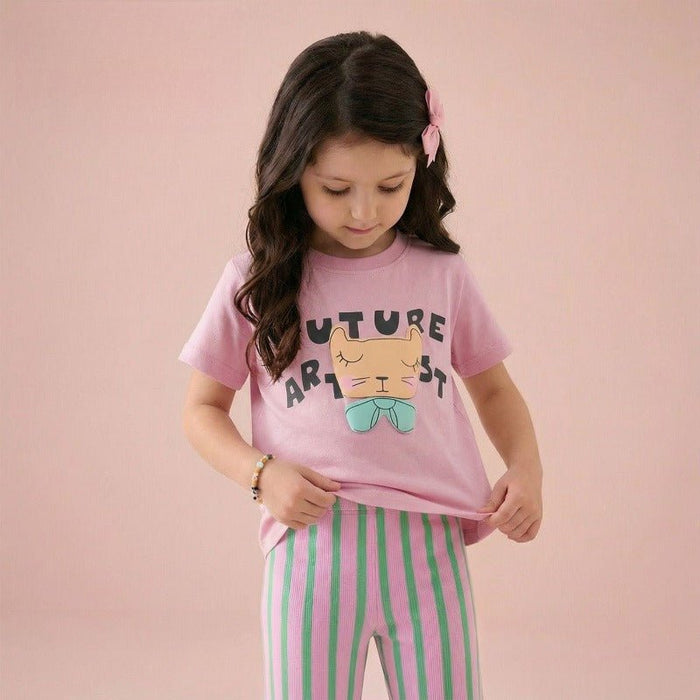 Toddler/Kid Pink Cat with Bow Casual Cotton T-Shirt