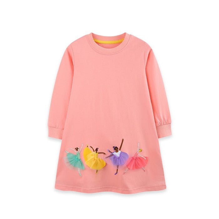 Toddler/Kid Pink Colorful Ballet Dancer Applique Long Sleeve Dress