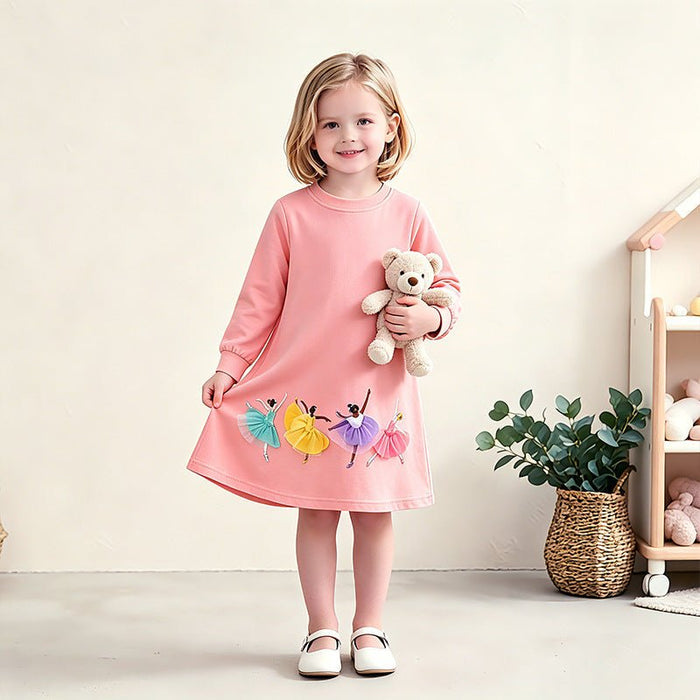 Toddler/Kid Pink Colorful Ballet Dancer Applique Long Sleeve Dress