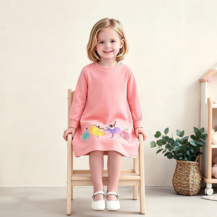 Toddler/Kid Pink Colorful Ballet Dancer Applique Long Sleeve Dress