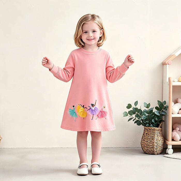 Toddler/Kid Pink Colorful Ballet Dancer Applique Long Sleeve Dress