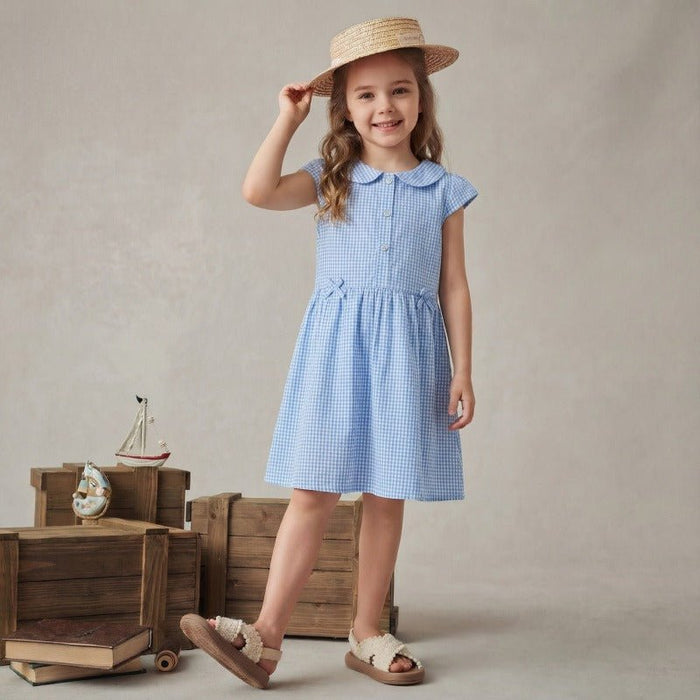Toddler/Kid Plaid Button Front Flutter Sleeve Casual Blue Dress