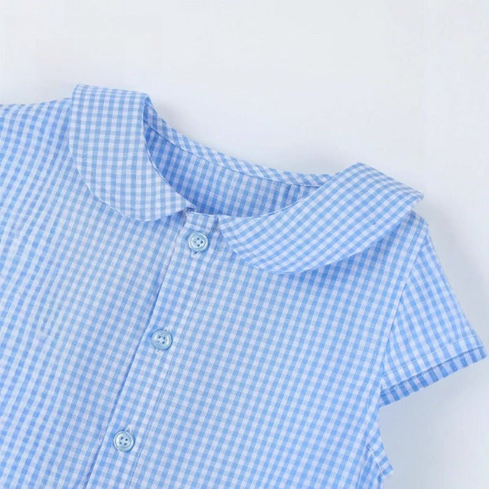 Toddler/Kid Plaid Button Front Flutter Sleeve Casual Blue Dress