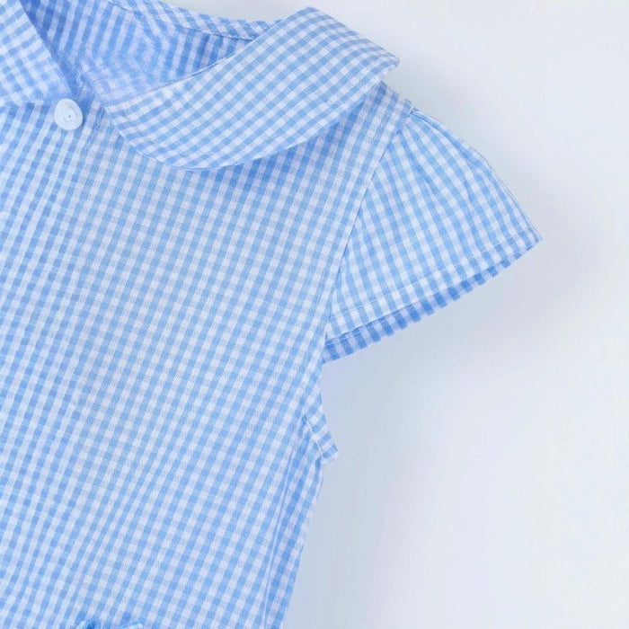 Toddler/Kid Plaid Button Front Flutter Sleeve Casual Blue Dress