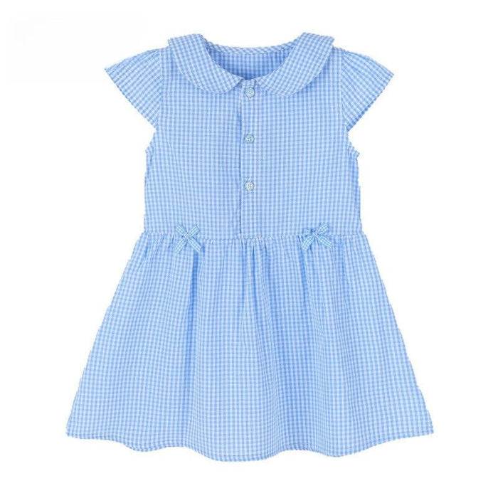 Toddler/Kid Plaid Button Front Flutter Sleeve Casual Blue Dress