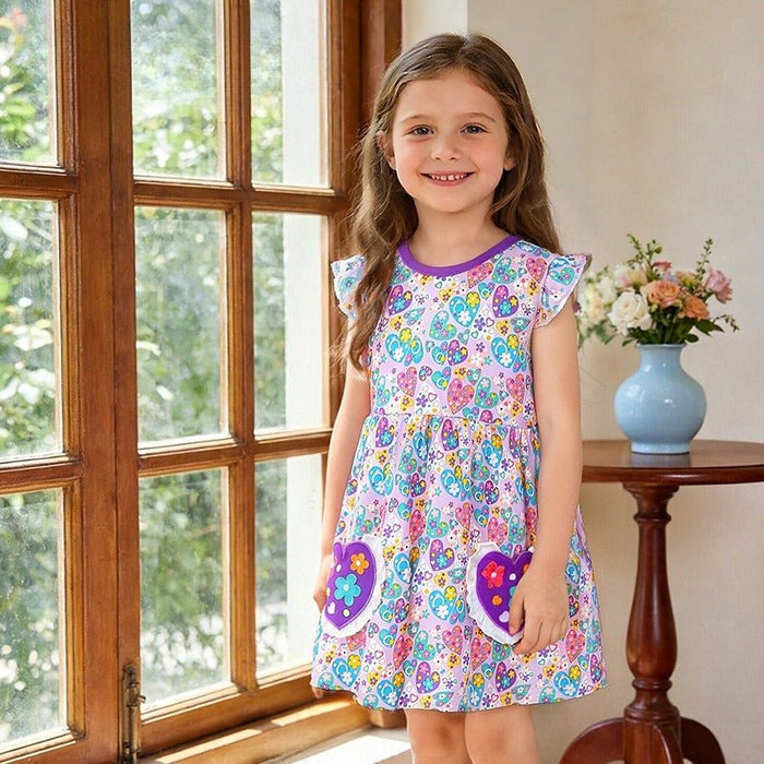 Toddler/Kid Purple Trim Heart Pocket Floral Casual Dress