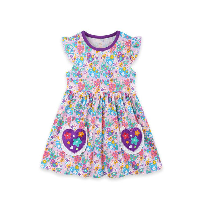Toddler/Kid Purple Trim Heart Pocket Floral Casual Dress