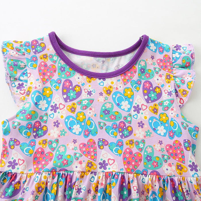 Toddler/Kid Purple Trim Heart Pocket Floral Casual Dress