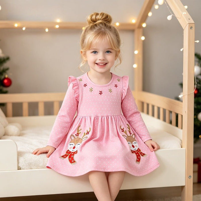 Toddler/Kid Reindeer Embroidery Polka Dot Long Sleeve Dress