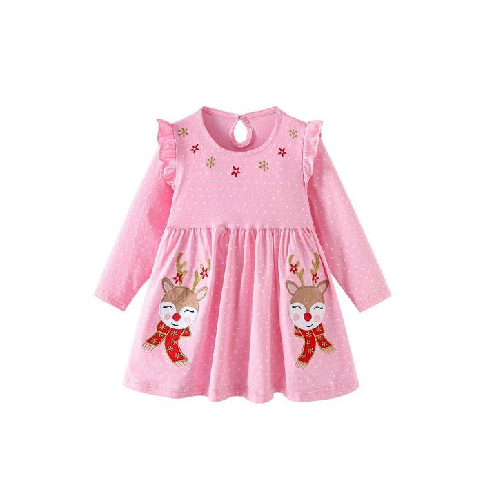 Toddler/Kid Reindeer Embroidery Polka Dot Long Sleeve Dress