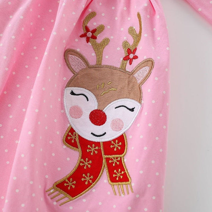 Toddler/Kid Reindeer Embroidery Polka Dot Long Sleeve Dress