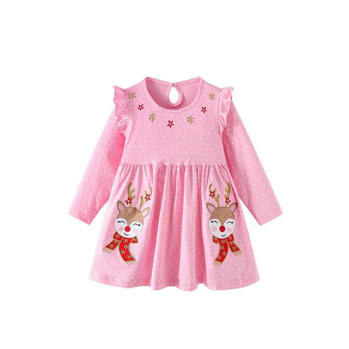 Toddler/Kid Reindeer Embroidery Polka Dot Long Sleeve Dress