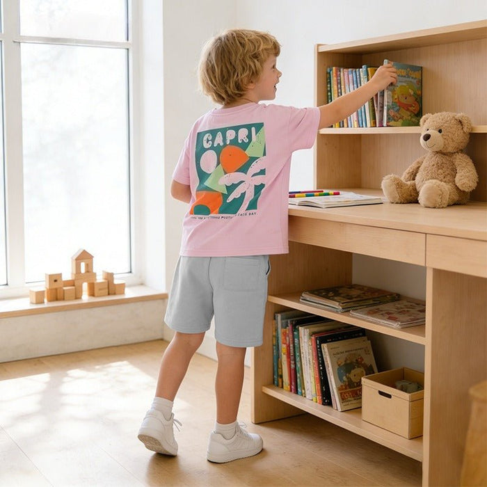 Toddler/Kids Pink Graphic T-Shirt & Grey Shorts Set