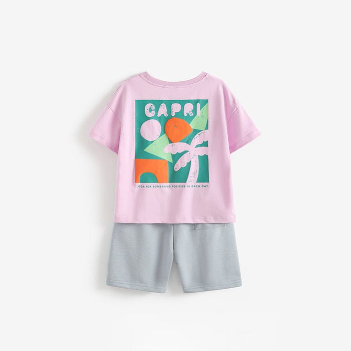 Toddler/Kids Pink Graphic T-Shirt & Grey Shorts Set