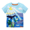 A unisex short sleeve children's t-shirt with a cartoon shark and fish pattern on a blue background.