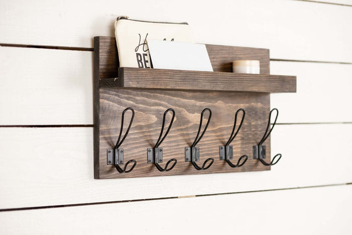 Wall Mounted Coat Rack and Ledge with Farmhouse Style Hooks