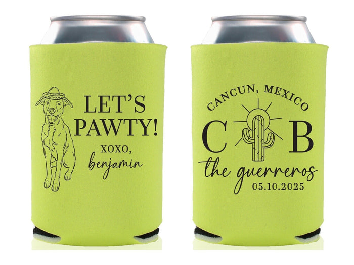 Wedding Can Cooler #239R - Custom Pet Illustration - Let's Pawty - Wedding Favors, Beverage Holder, Wedding Favor, Can Holder, Can Insulator