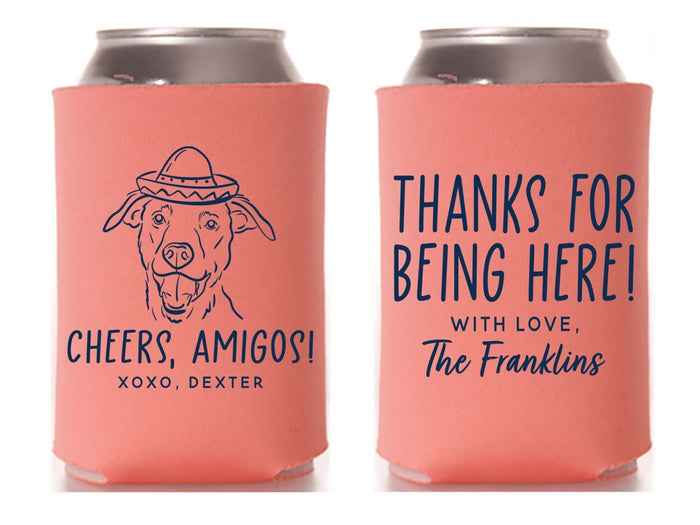 Wedding Can Cooler #240R - Custom Pet Illustration - Cheers Amigo - Wedding Favors, Beverage Holder, Wedding Favor, Can Holder, Insulator