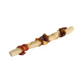 The Wild Eats Water Buffalo Twisted Cheek, an 8-9 dog chew wrapped with brown meat pieces, is set against a white background. This gluten-free treat delivers the savory delight of Water Buffalo Jerky, perfect for satisfying your pups cravings.