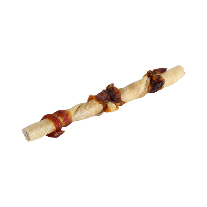 The Wild Eats Water Buffalo Twisted Cheek, an 8-9 dog chew wrapped with brown meat pieces, is set against a white background. This gluten-free treat delivers the savory delight of Water Buffalo Jerky, perfect for satisfying your pups cravings.