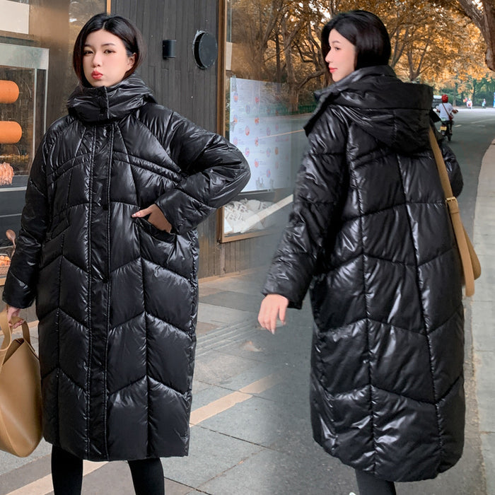 Womens Knee-length Hooded Relaxed-fit Cotton Coat