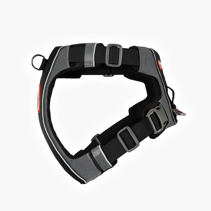 LHS view of black EzyDog X-Link Harness with padded chest plate and no-pull front clip
