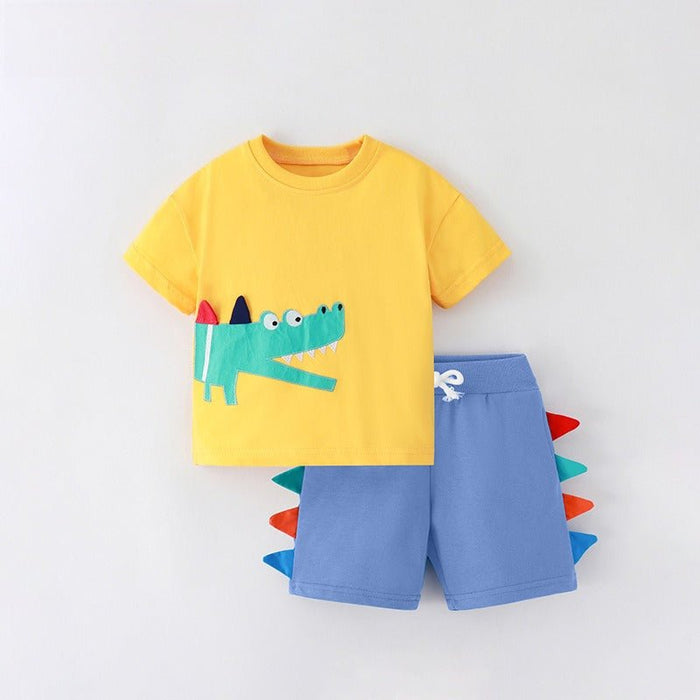 Yellow T-Shirt with 3D Crocodile Design and Blue Shorts