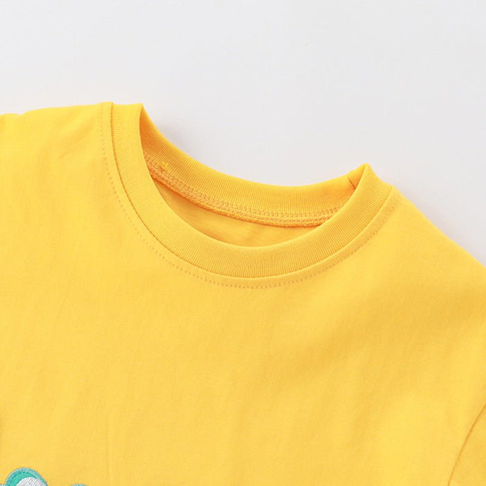 Yellow T-Shirt with 3D Crocodile Design and Blue Shorts