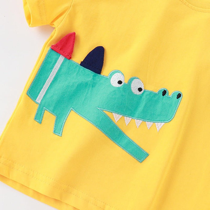 Yellow T-Shirt with 3D Crocodile Design and Blue Shorts
