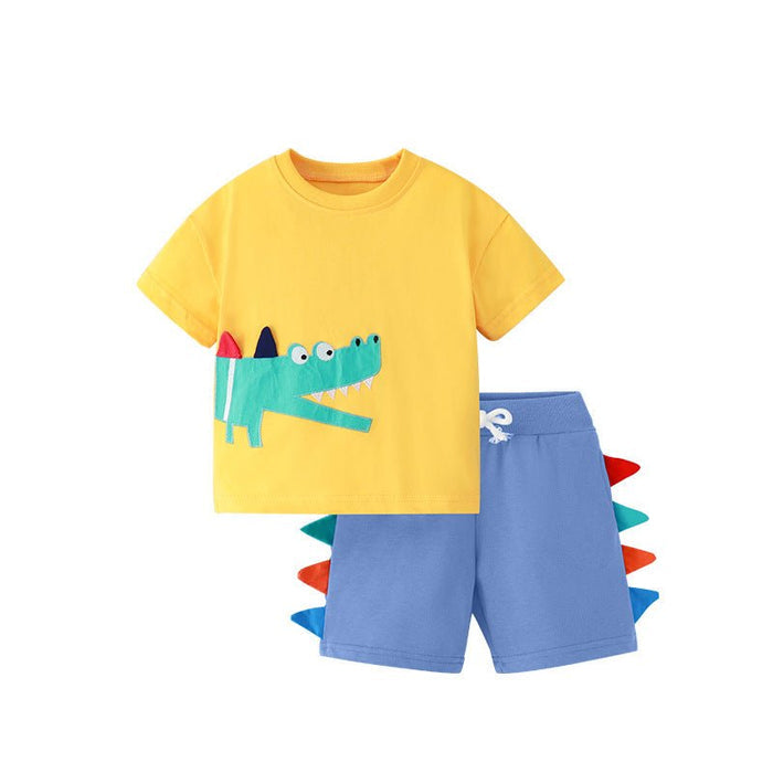 Yellow T-Shirt with 3D Crocodile Design and Blue Shorts