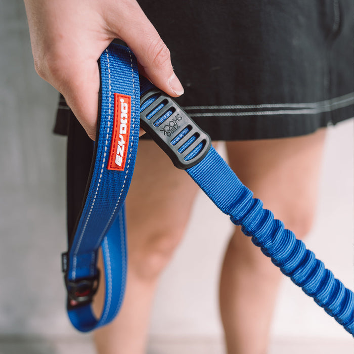 Closeup view of EzyDog Zero Shock Dog Leash in blue